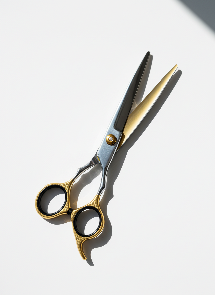 A pair of lustrous, gold-tipped professional hair shears with intricate, geometric handles resting diagonally on an ultra-smooth, pure white surface. The metallic finish on the blades captures precise, razor-sharp highlights under sharp directional lighting from above, casting perfectly crisp, defined shadows behind the shears. The scene is devoid of any clutter, surrounded by immaculate negative space, enhancing the minimalist and daring atmosphere. Composed from a slightly angled top-down perspective with shallow depth of field, the image exudes a sense of precision, innovation, and confidence, ideal for a trendsetting, bold hair salon brand.