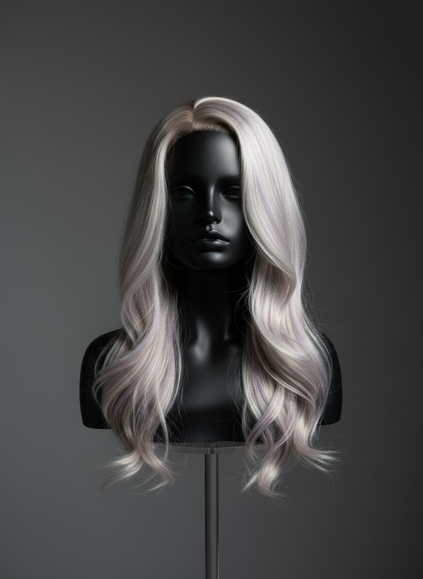 A meticulously styled, shimmering platinum hair wig displayed on a sleek, matte black mannequin head. Each strand of hair reflects light, showcasing a subtle iridescent shimmer with hints of soft lavender and silver woven throughout, accentuating the salon’s signature sparkle effect. The mannequin rests atop a minimalist glossy acrylic pedestal against a seamless charcoal-gray background. Dramatic, high-contrast directional lighting from the right casts crisp shadows and traces sharp highlights along the curves of the hair, creating a bold, powerful presentation. Captured at eye-level with centered composition and true-to-life details, the overall aesthetic is clean, modern, and visually impactful, embodying a forward-thinking salon identity.