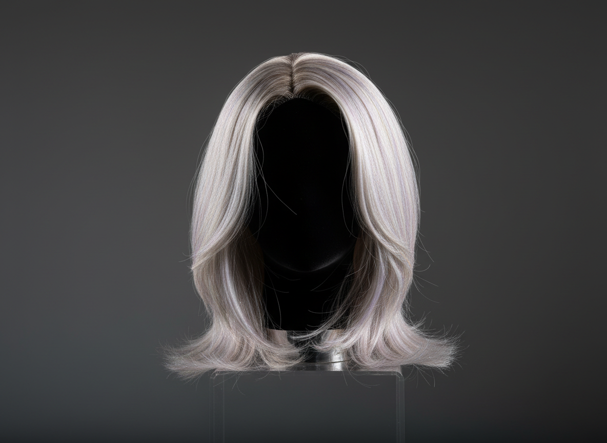 A meticulously styled, shimmering platinum hair wig displayed on a sleek, matte black mannequin head. Each strand of hair reflects light, showcasing a subtle iridescent shimmer with hints of soft lavender and silver woven throughout, accentuating the salon’s signature sparkle effect. The mannequin rests atop a minimalist glossy acrylic pedestal against a seamless charcoal-gray background. Dramatic, high-contrast directional lighting from the right casts crisp shadows and traces sharp highlights along the curves of the hair, creating a bold, powerful presentation. Captured at eye-level with centered composition and true-to-life details, the overall aesthetic is clean, modern, and visually impactful, embodying a forward-thinking salon identity.