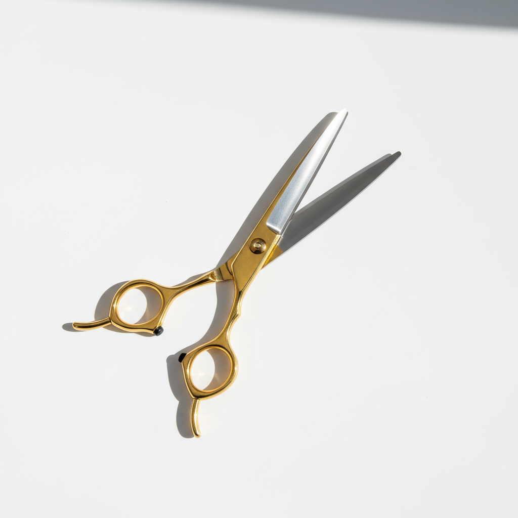 A pair of lustrous, gold-tipped professional hair shears with intricate, geometric handles resting diagonally on an ultra-smooth, pure white surface. The metallic finish on the blades captures precise, razor-sharp highlights under sharp directional lighting from above, casting perfectly crisp, defined shadows behind the shears. The scene is devoid of any clutter, surrounded by immaculate negative space, enhancing the minimalist and daring atmosphere. Composed from a slightly angled top-down perspective with shallow depth of field, the image exudes a sense of precision, innovation, and confidence, ideal for a trendsetting, bold hair salon brand.